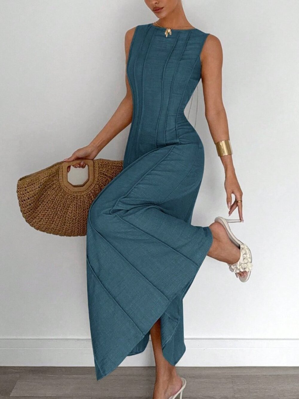 Blue Casual Women's Sleeveless A-Line Dress - Picture 4 of 5